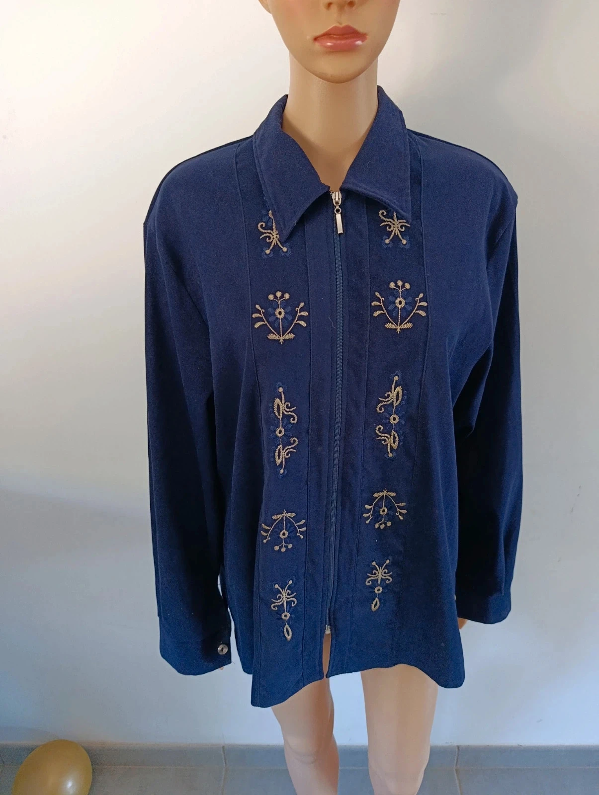 Veste femme bleu marine brodée – Taille XL – Zippée – Style vintage – photo 4